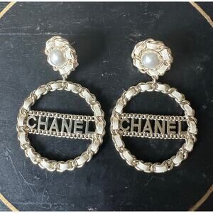 Chanel Black Leather Chain Detail Gold Tone Hoop Earrings
